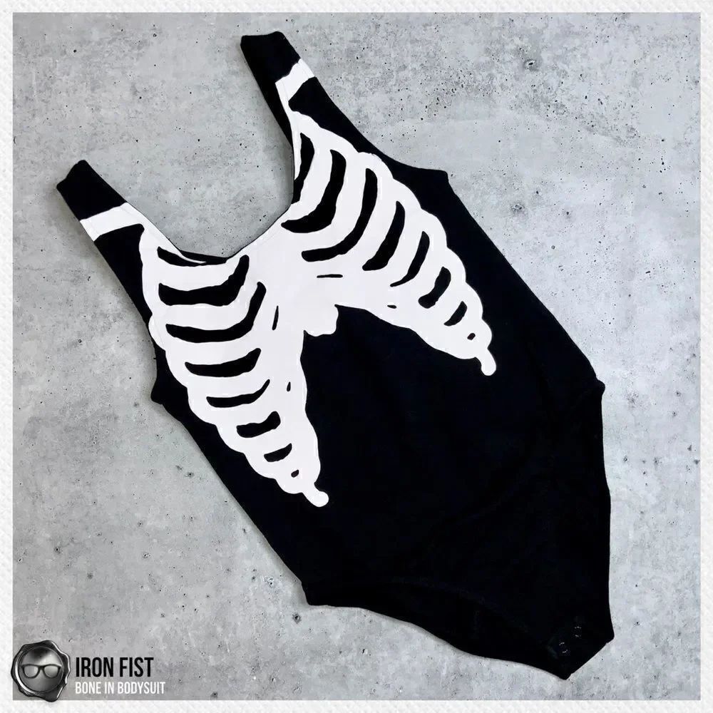 DOLLS KILL / IRON FIST BONE IN BODYSUIT IN BLACK & WHITE SKELETON HALLOWEEN GOTH